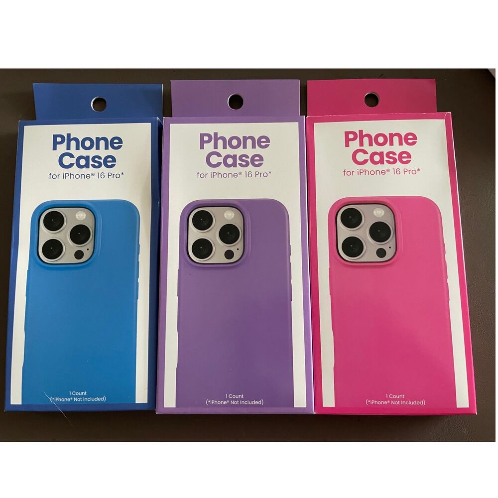 Bundle of 3 Silicone Cases for iPhone 16 Pro. 1 each color Pink, Blue, Purple